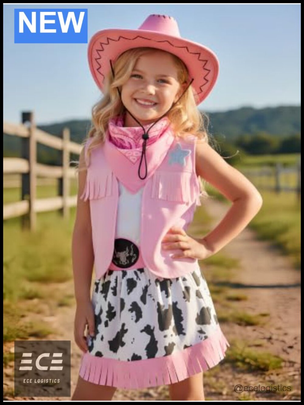 Girls Cowgirl Costume 4 Piece Western Outfit Hat Bandana Vest Skirt Dress Up